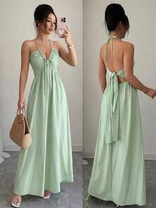 Vestido con cuello halter, espalda anudada y diseño calado acampanado - verde menta - Ver 7
