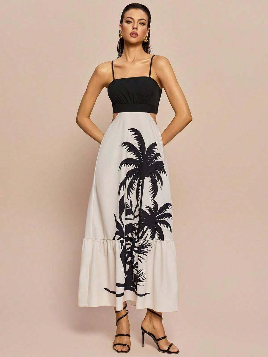 Vestido largo elegante de mujer con estampado y cintura ceñida - Multicolor 7 - Ver 1