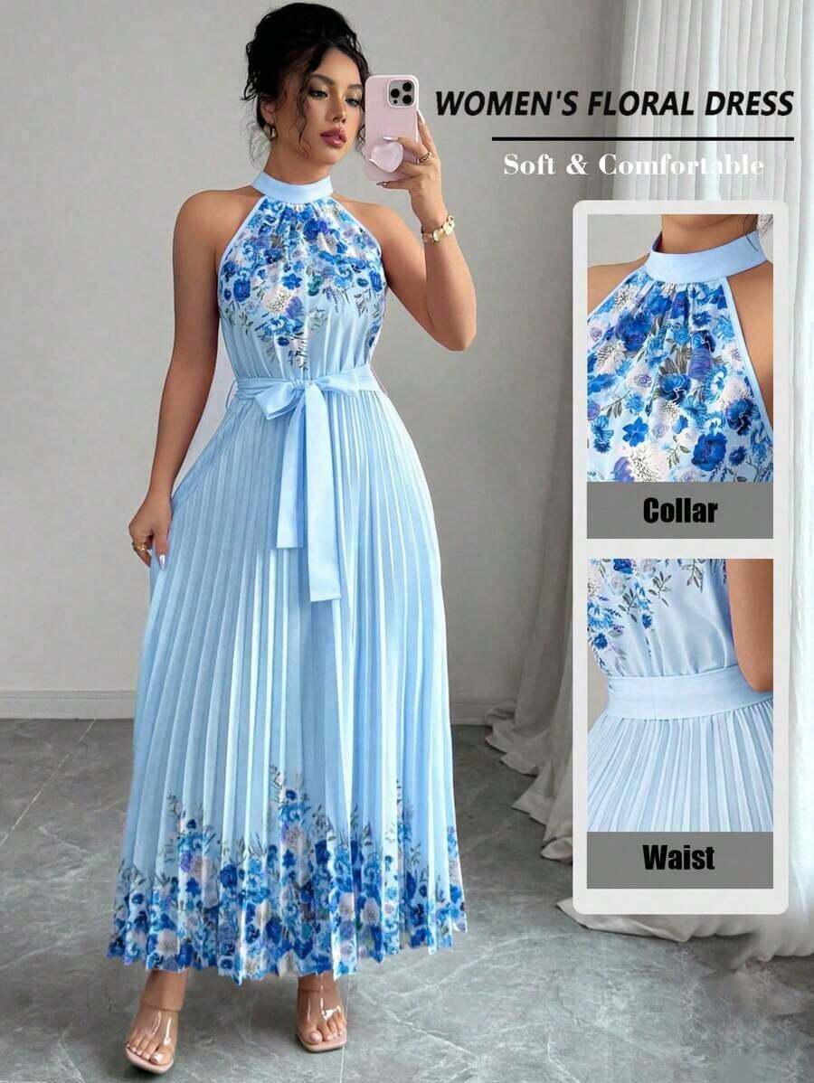 Vestido holgado de verano elegante con estampado floral y cuello halter para mujer - Azul - Ver 1