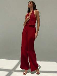 Top sin mangas con cuello en V y espalda abierta para mujer de oficina en primavera/verano y pantalones anchos de pierna, conjunto de estilismo adelgazante y alargador para ropa casual - Rojo - Ver 3
