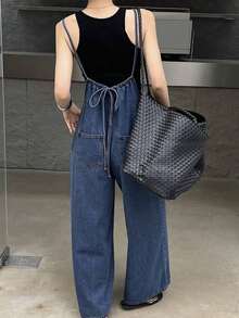 Peto vaquero casual de mujer para vacaciones - Azul lavado medio - Ver 3