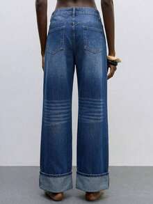 Maija Jeans anchos de pierna ancha, minimalistas y sueltos con puños para mujer - Azul lavado oscuro 2 - Ver 2