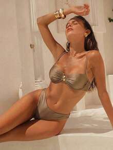 Swim Chiccia Conjunto de 3 piezas para primavera/verano: Top con tirantes ajustables y aros, Bottom de natación de corte alto y falda de malla, conjunto de traje de baño elegante para mujeres para vacaciones en la playa, conjunto de ropa de vacaciones para mujeres, coordinado para vacaciones de mujeres - Caqui - Ver 3