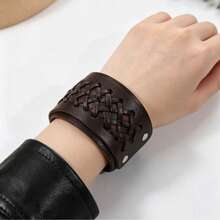 1pc Motorcycle Style Wide Woven Leather Bracelet, Men's Casual Fashion Accessory, Gift For Him - Brown - View 3