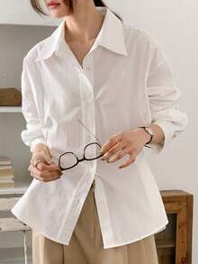 Camisa ajustada con cuello a rayas para mujer, de estilo casual de negocios, color azul, manga larga para primavera/verano/otoño - Blanco - Ver 4