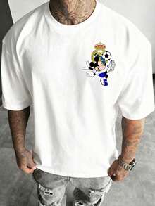 Disney Mickey Mouse X Real Madrids Washed T-Shirt, Retro Soccer Mickey Graphic Tee, Unisex Cotton Casual Crewneck, Double Sided Print Short Sleeve Shirt For Men Women, Streetwear & Daily Wear - 白色 - 查看 2
