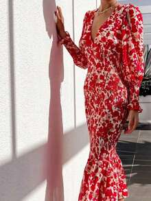 Vestido largo sirena primavera ajustado cintura cadera elegante estilo glamour europeo - Rojo - Ver 5