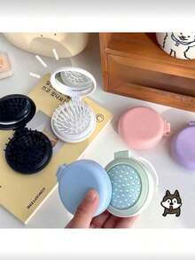 Foldable Travel Makeup Mirror Brush, With Detachable Mirror, Boar Bristle Massage Brush - Portable Design, Suitable For Women And Girls, Soft Tones (Mint Green, Pink, Light Purple Blue, Light Blue), Fashion Accessory, Structure, Hairstyling, Hairstyling Tools, Salon Beauty Travel Essentials, Hair Accessories, Summer, Vacation - Folding Air Cushion Comb Mirror - View 7