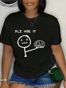 Plus Size Women's Cartoon Print Short Sleeve T-Shirt With Slogan, Round Neck, Graphic Tee For Women PLZ USE IT For Summer. - 黑色 - 查看 6