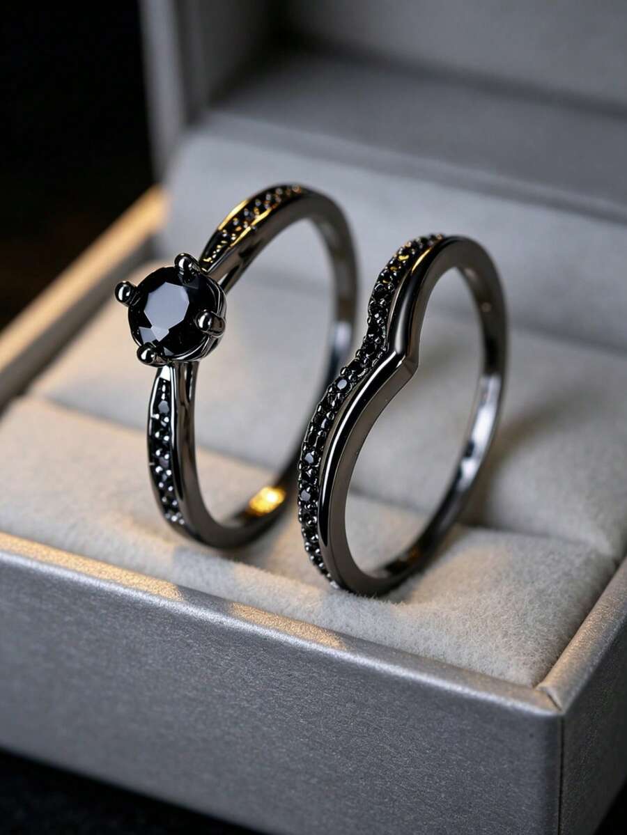1 Set Vintage Black Zirconia Ring Set, Retro Punk Style Delicate Accessories - JZ6425 - View 1