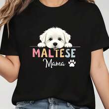 Camiseta de Mujer Manga Corta Cuello Redondo - Estampado de Mamá de Perro Maltés, Tejido Suave y Cómodo, Ajuste Holgado, Look Casual y Elegante para el Día a Día, Talla Grande - Negro - Ver 2