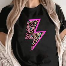 Camiseta de Mujer Manga Corta Cuello Redondo - Estampado de Rayo de Leopardo Rosa, Tejido Ligero y Duradero, Ajuste Holgado y Cómodo, Look Casual para Uso Diario en Casa, Cafeterías y Aire Libre, Talla Grande - Negro - Ver 2