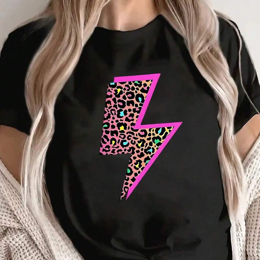 Camiseta de Mujer Manga Corta Cuello Redondo - Estampado de Rayo de Leopardo Rosa, Tejido Ligero y Duradero, Ajuste Holgado y Cómodo, Look Casual para Uso Diario en Casa, Cafeterías y Aire Libre, Talla Grande