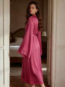 QING ROU Women's Elegant Satin Robe, Soft Lace Trim, Flared Long Sleeves, Silky & Comfortable, With Belt, Suitable For Home Wear - Rose Red - View 2