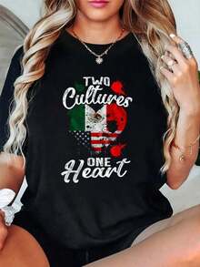 Camiseta Gráfica Unisex de Algodón, Dos Culturas Un Corazón, Usa, América, México, Mexicano Americano, Ropa Vintage para Mujer, Nueva Moda de Otoño, Tops Negros para Mujer, Playeras de Mujer - Negro - Ver 7