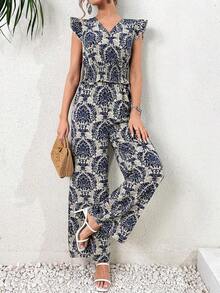 Conjunto de 2 piezas con parte superior con volantes y estampado de plantas en toda la superficie, y pantalones de pierna ancha - Multicolor - Ver 4
