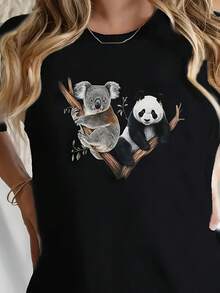 Camiseta casual de manga corta y cuello redondo para mujer - Adorna con un lindo estampado de koala y panda, cómoda para todas las estaciones, top de fácil cuidado - Negro - Ver 2