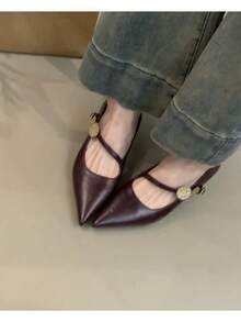 Elegant Basic Neutral PU Leather Buckle High Heels For Outdoor - Burgundy - View 4