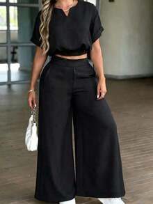 Conjunto de top corto con escote entallado y pantalones de pierna ancha de unicolor minimalista para uso casual y diario de mujer, primavera/verano/otoño, color negro - Negro - Ver 1