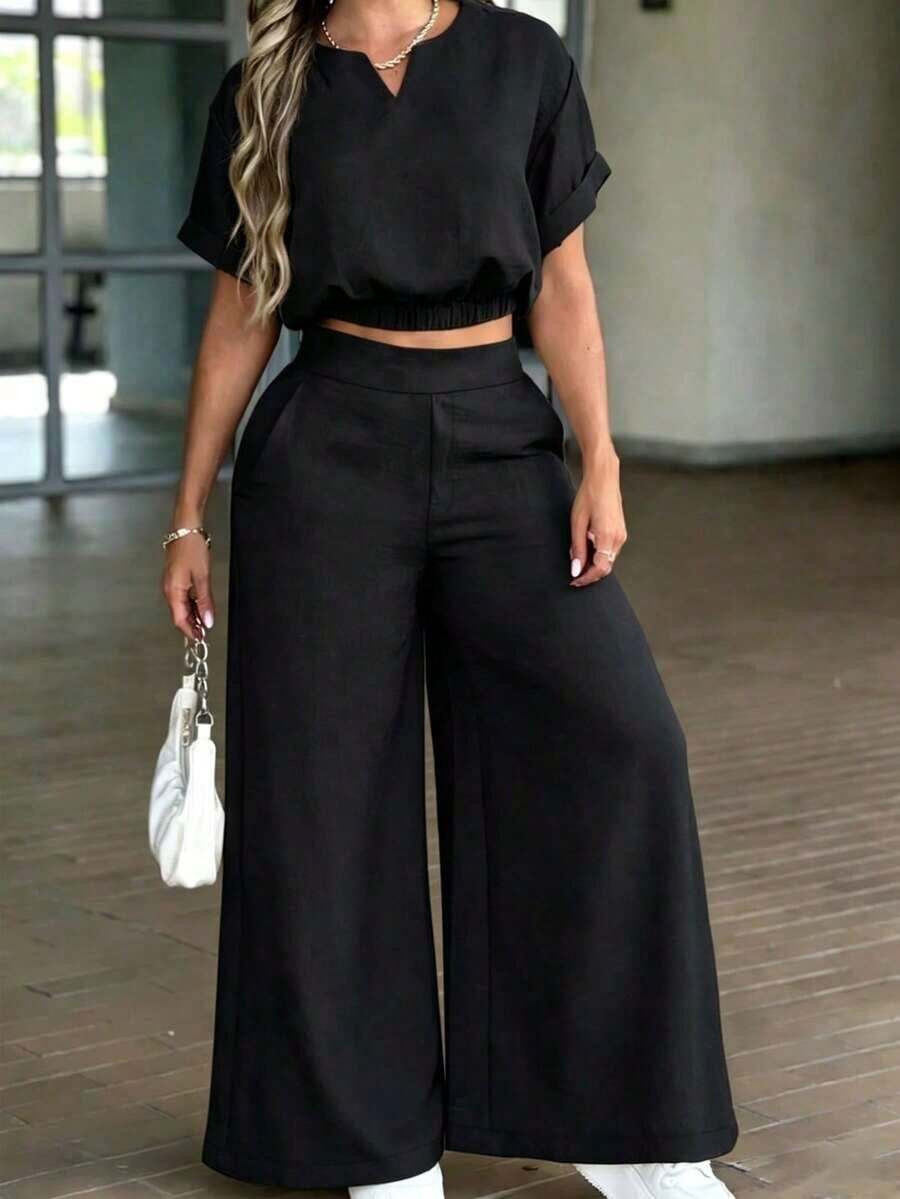 Conjunto de top corto con escote entallado y pantalones de pierna ancha de unicolor minimalista para uso casual y diario de mujer, primavera/verano/otoño, color negro - Negro - Ver 1