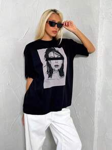 Camiseta de manga corta de algodón puro, estilo europeo y americano, a la moda de verano, con estampado estilo americano, de longitud media, holgada, negra, juvenil y estilizadora. - Blanco - Ver 2