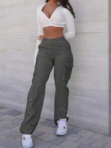 Pantalones cargo de mujer de unicolor versátil y casual con múltiples bolsillos, para primavera - Gris Oscuro - Ver 5