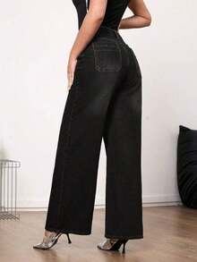 Jeans de pierna ancha de talle medio vintage para mujer - Uso casual elegante sin estiramiento - Negro - Ver 7