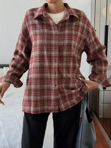 Camisa de mujer de manga larga con cuello vuelto, estampado de cuadros, color marrón café, para primavera/verano/otoño - Rosa Roja - Ver 3