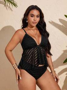 Swim Lushoire Conjunto de tankini de traje de baño de unicolor con diseño calado para mujer de talla grande - Negro - Ver 4