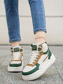 Thick Sole High-Top Sneakers, Non-Slip Wear-Resistant Lace-Up Design Versatile Casual Sports Shoes - Green - View 2