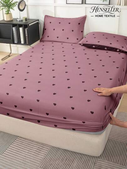 1pc Cute Heart Pattern Fitted Sheet, Soft Comfortable & Breathable, Wrinkle Resistant, Improves Sleep Quality, Machine Washable, Fits Twin, Full, Queen, King Size Beds, Ideal For Home, Dormitory, Apartment, Guest Room, Vacation Home, Rental Room And Gift Giving. (Pillowcases Not Included)