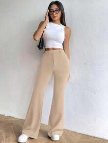 Pantalones casuales de unicolor para mujer - Caqui - Ver 3