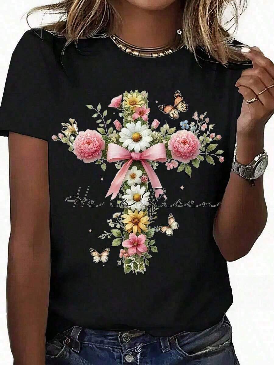 Women's "He Is Risen" Easter Floral T-Shirt, Soft Casual Fit, Short Sleeve, Round Neck, For Spring And Summer, Machine Washable. - Black - View 1