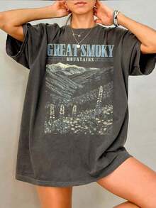 Women's Loose Fit T-Shirt With Natural Wildflower And Mountain Print - Dark Grey - View 3