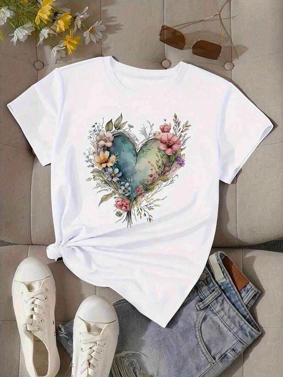 Love Print T-Shirt, Short Sleeve, Round Neck, Casual Style For Summer And Spring, Women's Clothing - Urban Vintage Style, Unisex, Loose Cotton T-Shirt With Round Neck And Short Sleeves - 白色 - 查看 1