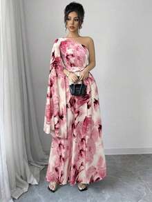 Vestido elegante de talle alto con hombro asimétrico, abertura lateral y estampado aleatorio, estilo fashionable para vacaciones - Rosa - Ver 3