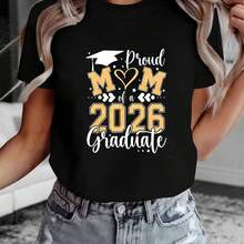 Camiseta de Mujer Manga Corta Cuello Redondo - Estampado de Letras "Mamá orgullosa de un graduado de 2026", Tejido Suave y Cómodo, Ajuste Holgado, Look Casual para Primavera y Verano, Talla Grande - Negro - Ver 2