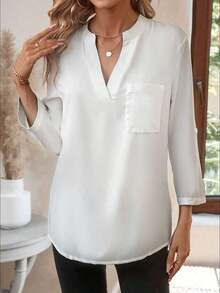 Blouse With Fitted Neckline And 3/4 Sleeves With Print, Work Shirt For Spring - 白色的 - 查看 4