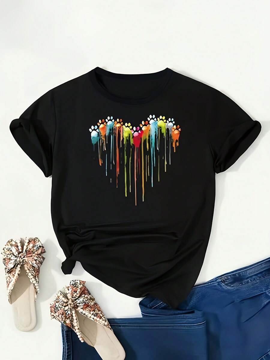 1 pieza de camiseta casual de talla grande para mujer - estampada, elástica, de cuello redondo, top de verano, lavable a máquina, ajuste cómodo, camiseta de mujer, prenda holgada, mangas cortas con estampado brillante, tela opaca de 180g 100% algodón. - Negro - Ver 1