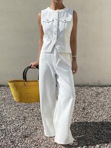 Conjunto de top ajustado de cuello redondo sin mangas y jeans de corte holgado para mujer - Blanco 2 - Ver 8