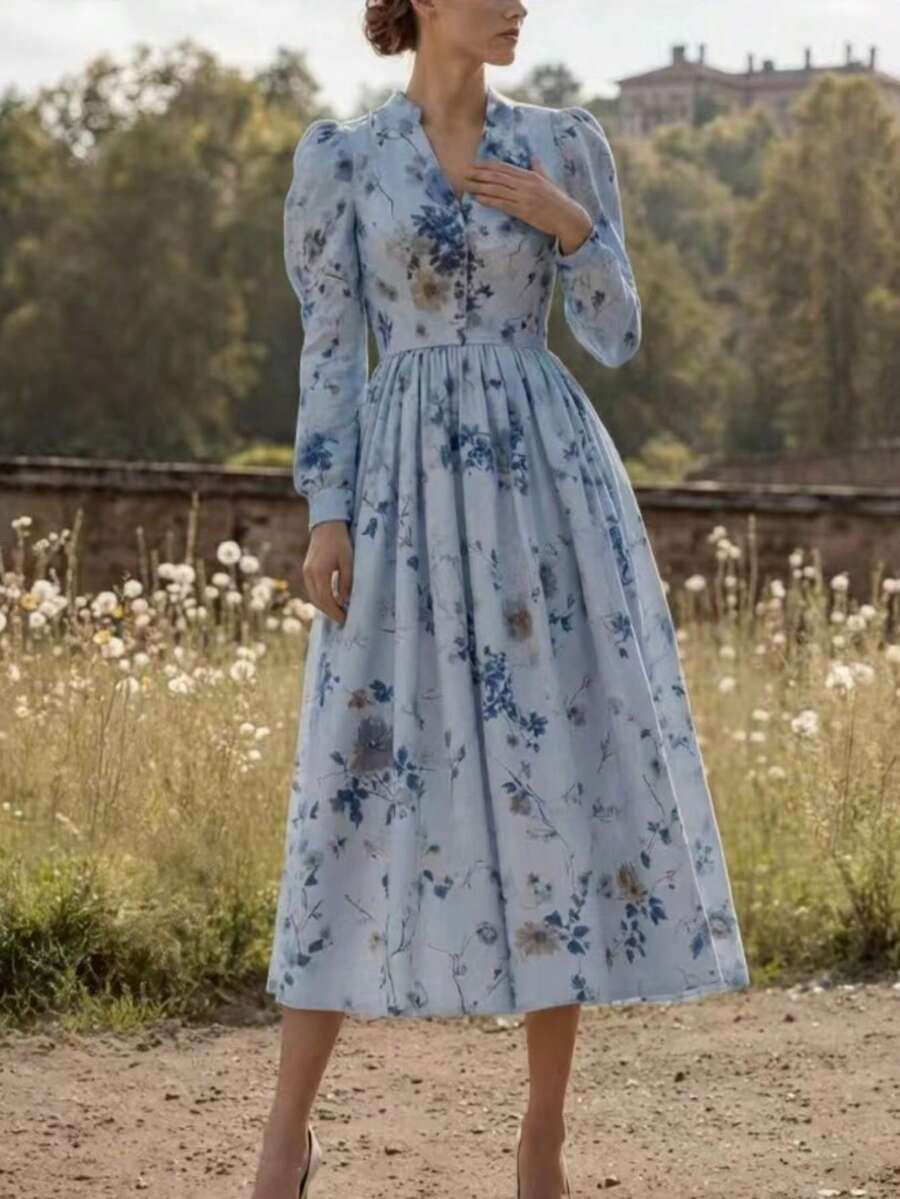 Vintage Spring Maxi Dress, V-Neck, Printed, Long Sleeves, Elegant Classic Fashion For Women - 藍色 - 查看 1