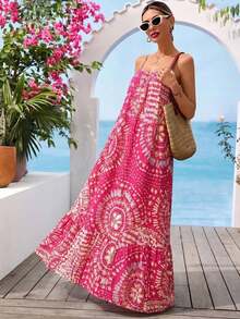 Vestido informal de tirantes de mujer con estampado total, Vestido de tirantes a lunares - Rosa Fucsia - Ver 3