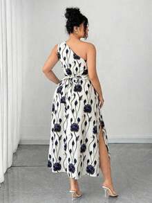 Vestido elegante de mujer de talla grande con estampado floral azul y blanco, elegante y chic para fiestas, graduaciones, vacaciones, festivales, citas, bodas y salidas - Azul marino - Ver 2