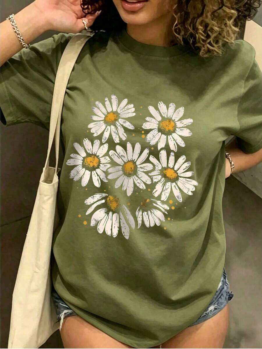 Camiseta Casual de Mujer con Estampado Floral de Margaritas, Cuello Redondo, Manga Corta con Hombros Caídos, Camiseta de Elasticidad Media para Conjuntos de Primavera - Verde - Ver 1