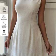Women's Elegant Solid Color Backless Sleeveless Mini Dress Business Casual Woman - Albaricoque - Ver 1