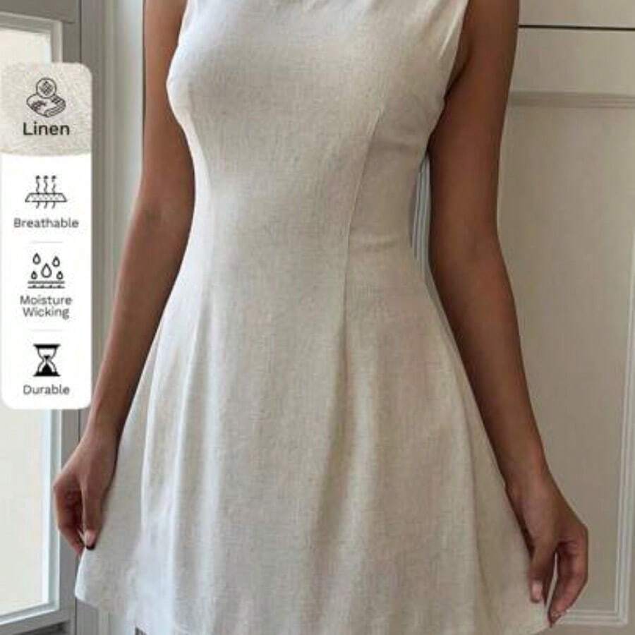 Women's Elegant Solid Color Backless Sleeveless Mini Dress Business Casual Woman - Albaricoque - Ver 1