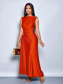 Vestido elegante de mujer con decoración de metal de unicolor, ajuste delgado, adecuado para el uso diario, compras, fiestas y reuniones - Naranja - Ver 6