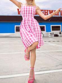 Vestido de tirantes plisado con estampado floral elegante para mujer, para verano - Rosa - Ver 6