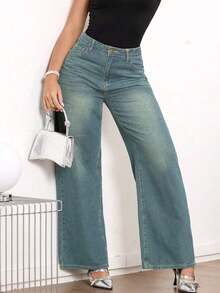 Jeans de pierna ancha de talle medio vintage para mujer - Uso casual elegante sin estiramiento - verde menta - Ver 2