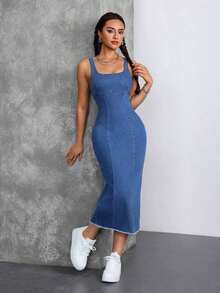 Tall Vestido midi de jean de manga hombros abierta, cuello cuadrado, ajustado y entallado para fiesta y vacaciones - Azul - Ver 6